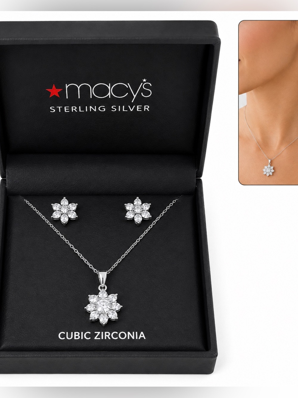 Macy's Sterling Silver White Cubic Zirconia Flower Necklace and Earring Set